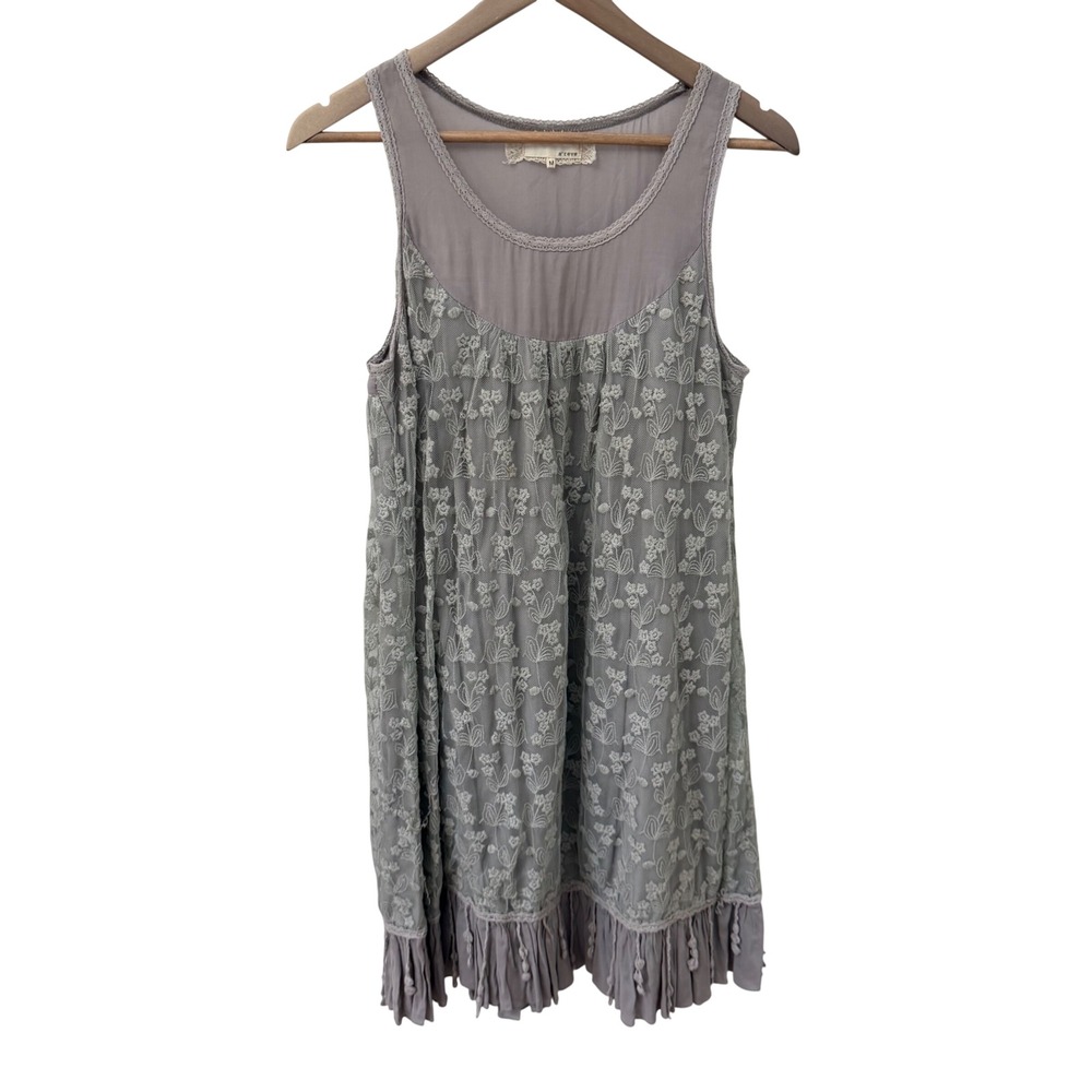 A'reve Tunic Dress M Taupe Floral Lace Boho Ruffle Tassel Hem Sleeveless